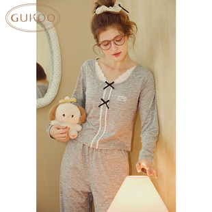 家居服套裝 含胸墊mikko系列花邊長袖 果殼睡衣女春秋款 Gukoo