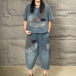哈倫褲 民族風刺繡牛仔套裝 復古盤扣短袖 薄款 寬松兩件套 女2025夏季