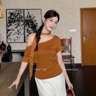 優雅氣質202522615夏季 女裝 純色廣州小衫 新品 斜肩十三行 LS休閑