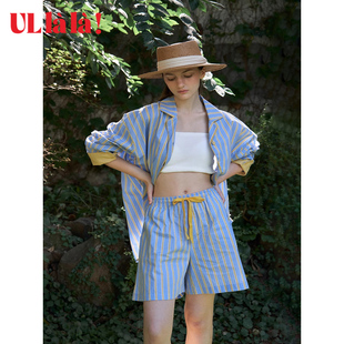 家居服睡衣套裝 開衫 進口 短褲 Ullala韓國春夏純棉簡約休閑條紋長袖