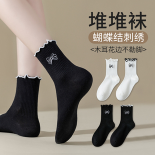 襪子女夏季 堆堆襪蝴蝶結木耳花邊中筒襪刺繡純棉無骨春秋長襪 薄款