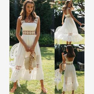 時(shí)尚 long 長裙蕾絲拼接大擺連衣裙women new dress 2023夏女裝