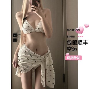 法式 小清新蝴蝶結印花比基尼純欲小胸分體泳衣裹裙小胸少女套裝