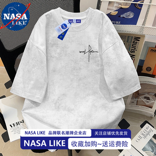 T恤男寬松潮牌情侶五分袖 蠟染重磅純棉短袖 上衣 新款 NASA聯名夏季