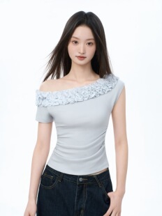 上衣2025夏季 小眾設計感多層花邊斜肩T恤女新款 短袖