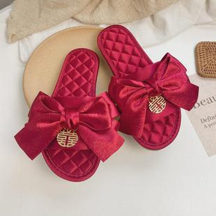 喜慶紅色結婚鞋 拖鞋 男女 刺繡圓喜新娘新郎婚禮拍照綢緞四季 情侶款