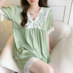 日系甜美蕾絲花邊涼感絲綢大碼 短褲 家居服 冰絲短袖 現貨睡衣女夏季