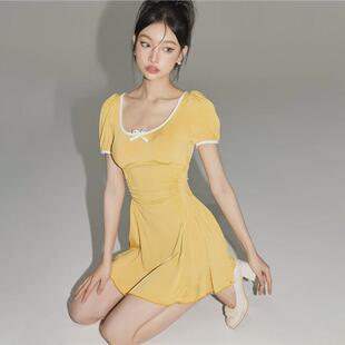 分體泳衣女保守顯瘦遮肚裙式 黃色風小胸泡溫泉泳裝