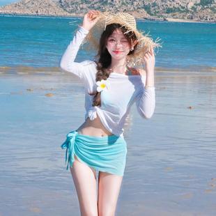 比基尼游泳衣女小胸鋼托聚攏防曬罩衫 新款 甜辣妹顯白藍色分體裙式