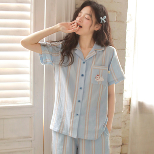 短褲 夏季 純棉情侶款 睡衣女款 簡約條紋休閑家居服可外穿 短袖