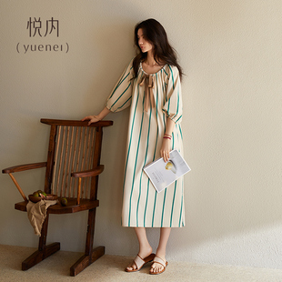 大碼 夏天純棉七分袖 薄款 家居服時尚 悅內(nèi)睡裙女款 條紋法式 睡衣夏季