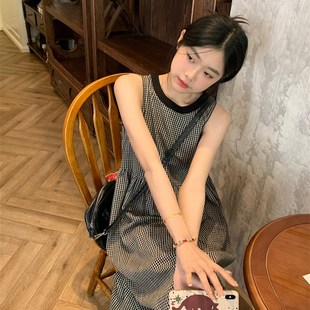 甜辣瘦子法式 連衣裙女春夏設計感氣質背心長裙 復古典雅格子無袖
