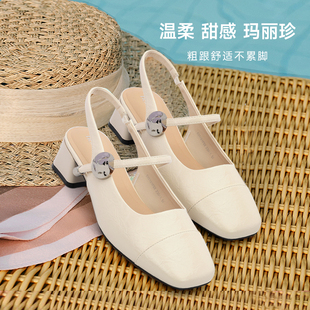 方頭粗跟后空一字帶女百搭淺口單鞋 紅粉知己瑪麗珍涼鞋 女2025新款