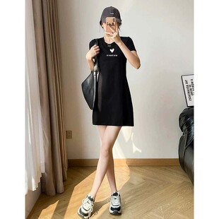 百搭顯瘦簡約通勤T恤裙 連衣裙女夏韓版 字母印花中長款 a字圓領短袖