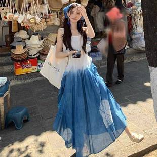 海邊度假風(fēng)扎染吊帶連衣裙女夏季 氣質(zhì)收腰顯瘦A字長裙大擺裙 法式