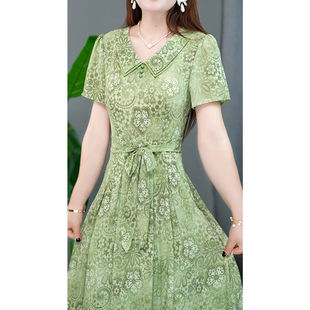 印花連衣裙女氣質系帶收腰顯瘦中長款 2025夏季 短袖 時尚 a字裙 新款