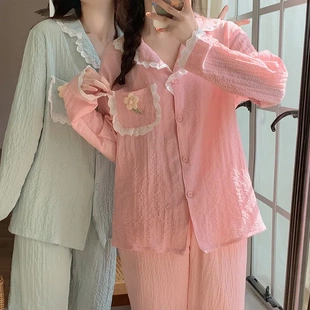 花邊家居服套裝 睡衣女秋季 甜美格子長袖 手工刺繡皺布開衫 直播 新款