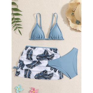 2024新款 女兒童bikini 歐美中大童分體泳衣女三件套比基尼網紗泳裝