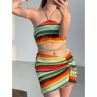 泳衣女 條紋分體裙式 日韓比基尼新款 性感美背小胸聚攏掛脖吊帶時尚
