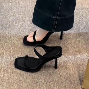 女外穿銀色黑色一字帶細(xì)跟 配裙子高跟涼鞋 現(xiàn)貨2025年夏季 網(wǎng)紅新款