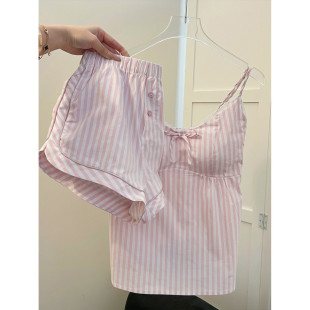 可外穿 套裝 韓甜美條紋蝴蝶結吊帶睡衣女夏款 高級純欲風家居服大碼