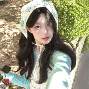 法式 田園風(fēng)頭巾女高級(jí)氛圍感甜美可愛(ài)針織花朵三角巾包頭頭飾發(fā)飾