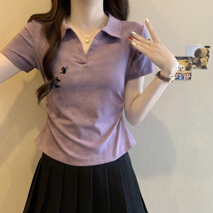 顯瘦短款 檸梔衣櫥紫色扎染POLO領(lǐng)短袖 甜辣修身 夏季 t恤女2025新款