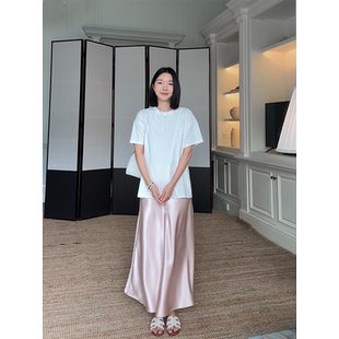 氣質粉緞面半身裙 上衣女夏季 郭九九呢 棉簡約蕾絲花邊拼接短袖