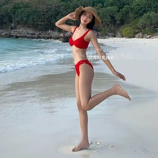 極速泳衣女紅色性感三角r比基尼小胸聚攏裹裙海邊度假顯白分體低