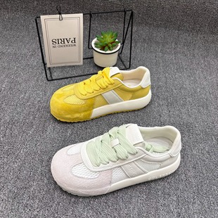 女2025春夏厚底輕便透氣圓頭丑萌運(yùn)動(dòng)休閑板鞋 真皮薄款 網(wǎng)面德訓(xùn)鞋