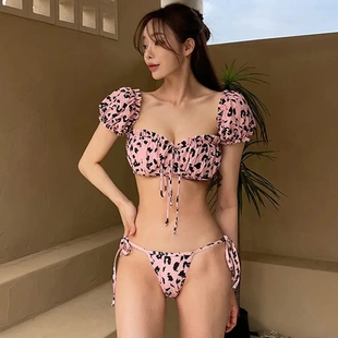 新款 比基尼性感露背抽繩聚攏復古碎花分體三角泳衣女bikini 韓版