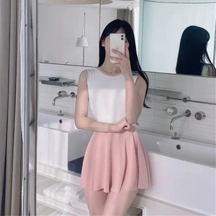 泳衣女兩件套 性感美背遮肚顯瘦拼色撞色連體裙式 批發韓國新款 泳裝
