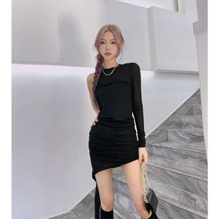 黑色修身 氣質甜辣風港味百搭不規則裙子女短裙小眾內搭 連衣裙短款
