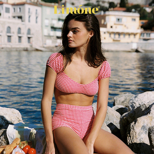 保守泳裝 泡泡袖 海邊比基尼度假風(fēng) 粉色分體泳衣女款 Limone2025新款