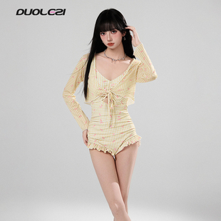 防曬平角游泳裝 朵樂滋泳衣女2025新款 高級感海邊度假連體絕美長袖