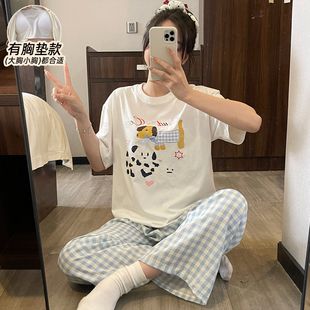 可外穿套裝 100全棉帶胸墊睡衣女款 2025年新款 長褲 夏純棉卡通短袖