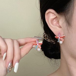 彩色海星珍珠耳釘女海洋度假風耳環小眾高級感設計甜美百搭耳飾潮