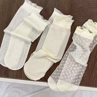 白色蕾絲花邊夏季 木耳邊堆堆襪春夏襪子女冰絲短襪無根透氣 薄款