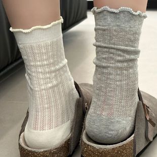 簡約少女花邊堆堆襪 純色鏤空網眼中筒襪春夏日系薄款 韓版 ins時尚