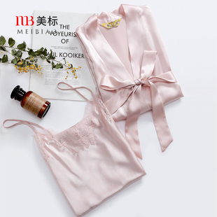 美標吊帶真絲睡袍浴袍晨袍女春夏重磅桑蠶絲睡裙睡衣絲綢家居服秋