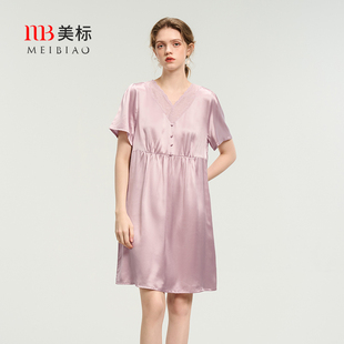 美標19姆米重磅短袖 真絲睡裙女夏6A級桑蠶絲綢睡衣涼感蕾絲家居服