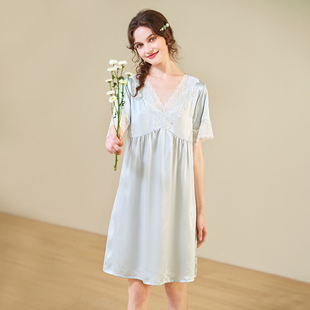美標(biāo)新款 真絲睡裙女春夏公主風(fēng)桑蠶絲家居服蕾絲涼感絲綢睡衣 短袖