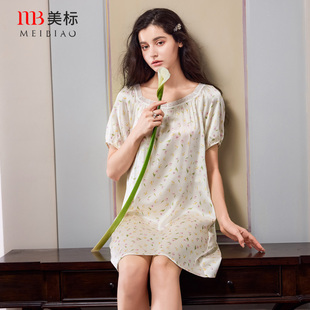 美標春夏女真絲短袖 睡裙甜美花邊桑蠶絲可外穿重磅絲綢家居服睡衣