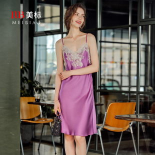 美標2025新品 真絲睡裙性感蕾絲花邊真絲睡衣100%桑蠶絲吊帶家居服