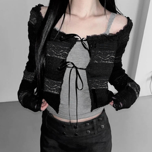 罩衫 AOMR 長袖 T恤女小眾百搭修身 上衣 甜辣風黑色蕾絲拼接系帶開衫