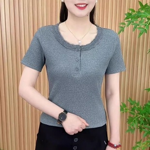 洋氣T中年女士純色減齡百搭外穿上衣 新款 圓領(lǐng)蕾絲花邊短袖 t恤夏季