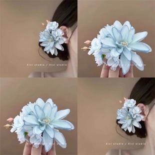 藍色小清新花朵發夾女海邊度假風拍照發飾盤發器氛圍感發卡頭飾