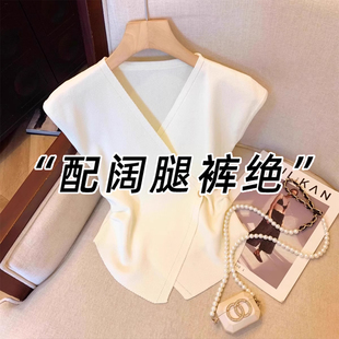 氣質女士短袖 卡腰小衫 0705h T恤女2025初夏穿搭短款 交叉v領小飛袖