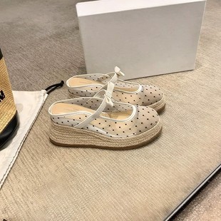 女涼拖 網紗麻繩坡跟結瑪麗珍包頭度假拖鞋 黛芙琳同款 8m厚底
