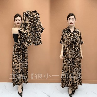 新款 女2024夏季 媽媽裝 大碼 兩件 時(shí)尚 寬松印花上衣闊.腿褲 休閑套裝